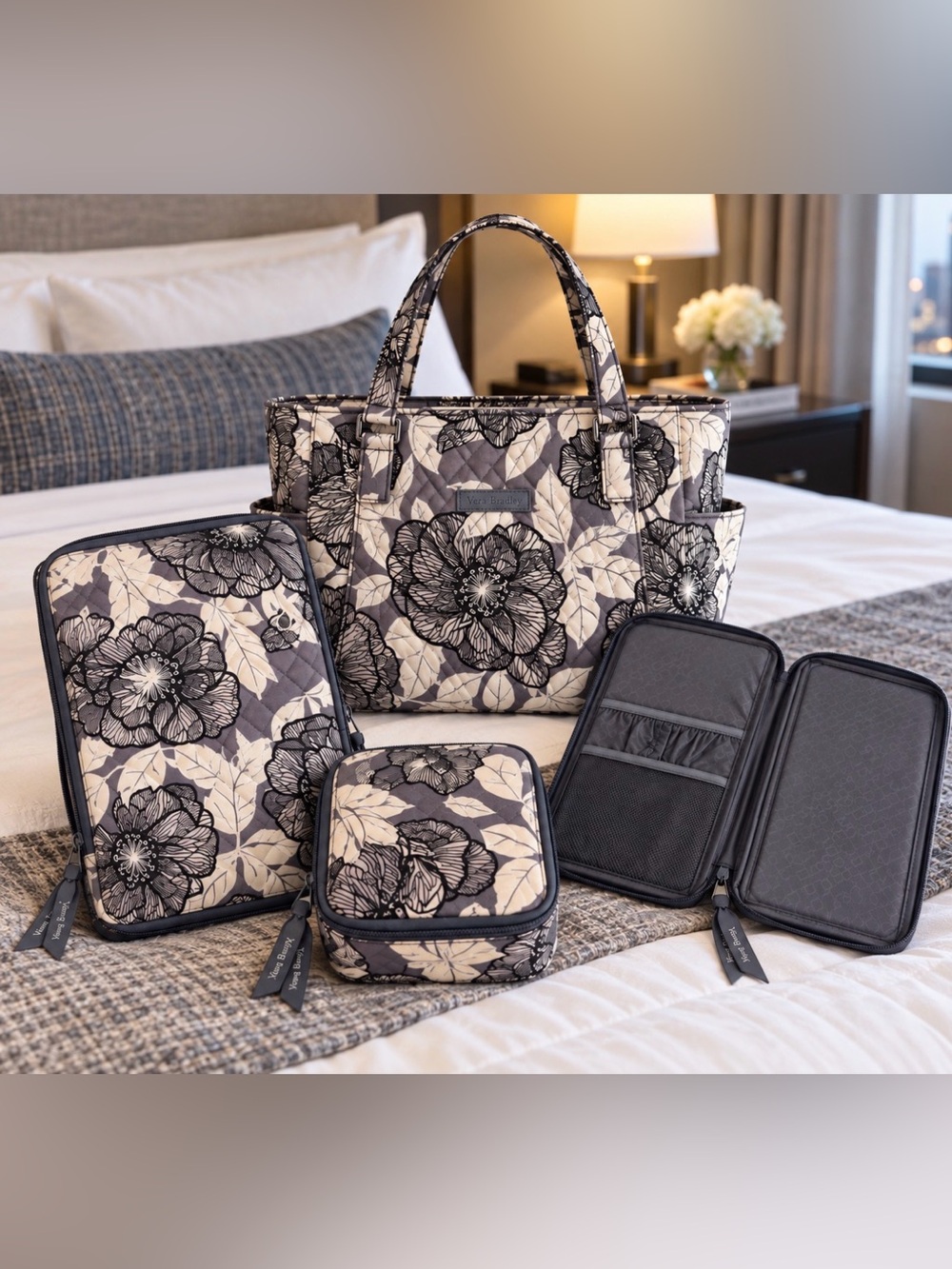 Vera Bradley Perennials Gray 4-Piece Travel Tote Organizer Set Floral